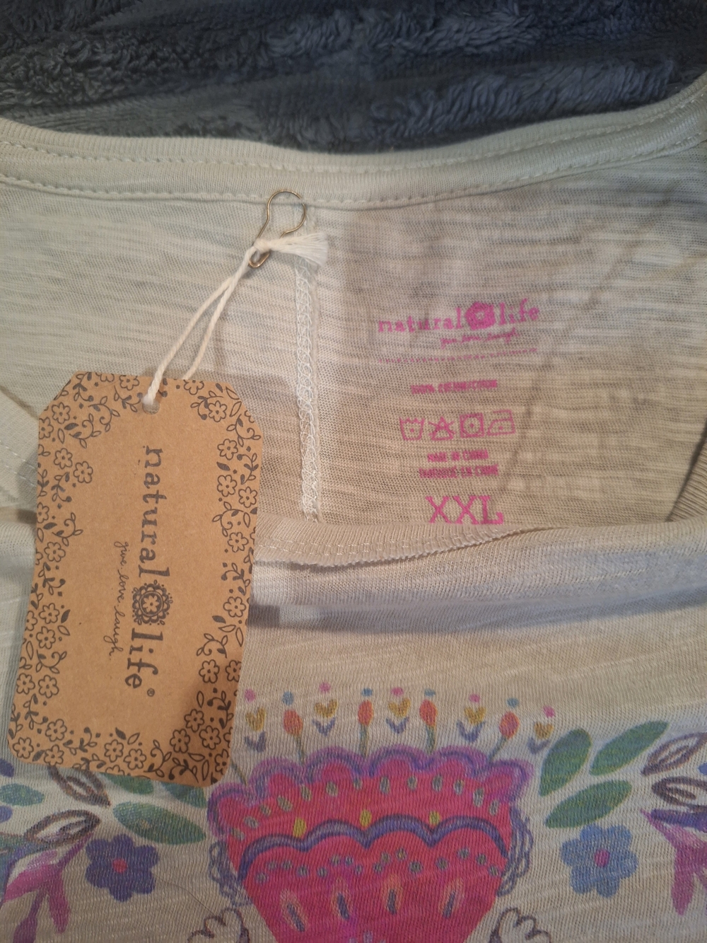 Natural Life XXL Floral Tank Top in Light Beige with Pink Accents